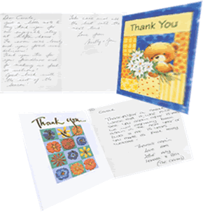 Copies of thank you cards from satisfied guests to Carole at Clifton House  Hotel Blackpool 