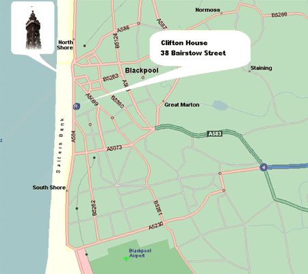 Road map showing position of Clifton house in relation to seafront and Blackpool tower