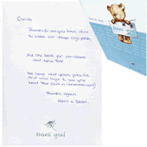 Copy of thank card from a satisfied guest to Carole, the card picture shows a teddy bear holding the thank you note 